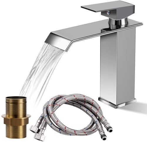 Rubinetto Bagno Cascata Miscelatore Monocomando per Lavabo Acciaio Inossidabile Design Antispruzzo Rubinetto Bagno Lavabo Doppia Uscita Acqua Calda/Fredda Argento