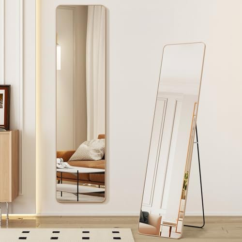 Warmiehomy 147X37cm Full Length Mirror, Floor Full Body Rectangular Standing Mirror with Stand, Hanging or Leaning Against for Bedroom Cloakroom, Gold