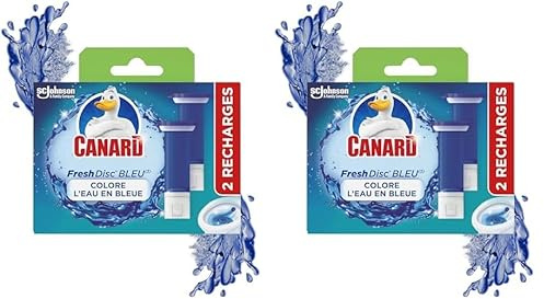 Canard WC Fresh Disc Bleu - Bloc WC Sans Cage Nettoyant - Nettoie à 360° - Nouvel Emballage 100% Carton - 2 Recharges (Lot de 2)