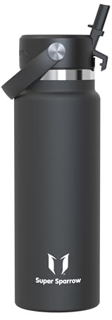 Sparrow Edelstahl Trinkflasche 1L Thermosflasche mit Strohhalm Flex-Deckel | Isolierbecher Thermosflasche Wasserflasche Edelstahl, Auslaufsicher & Spülmaschinenfest, BPA-frei, Heiß & Kalt für Alltag