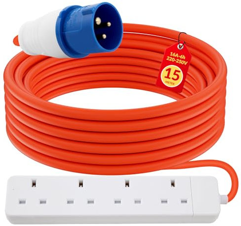 4 Gang Electric Hook Up for Camping,15 Metres 16A to 13A Extension Lead,Heavy Duty-250V Mains Lead for Caravans,Mobile Homes,Motorhomes