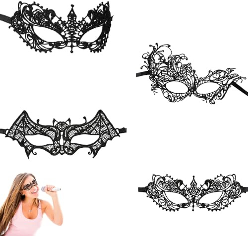 Venezianische Maske Damen,4 Stück Spitze Maskenball,Halloween Masken Damen Kostüm,Schwarz Sexy Lace Augenmaske Masquerade Mask,Spitzenmaske für Frauen,Black Maskerade für Halloween Karneval Ball Party