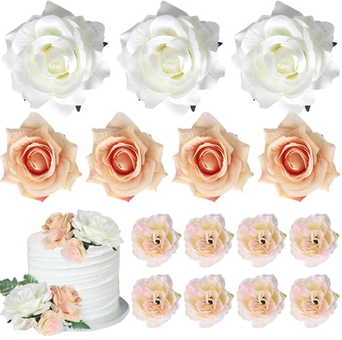 10 Stück Boho Blume Tortendeko Sets 3D DIY Rosen Cake Toppers Künstliche Blume Kuchen Deko Wiederverwendbar Rosenblüten Kuchen Dkorationen für Baby Dusche Hochzeit Geburtstag Party Weiß Champagner