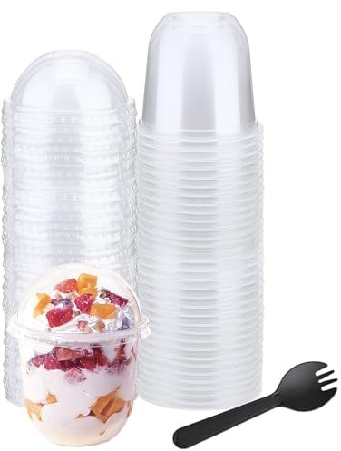 Yumzxin 50 Pack 12oz Clear PET Dessert Cups with Dome Lids & Spoons - Mini Parfait Containers for Ice Cream, Yogurt, Mousse, Pudding & Party Snacks