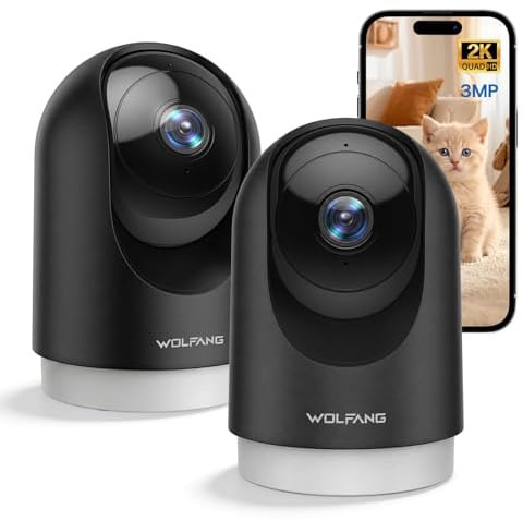 WOLFANG 2K Indoor Camera, Pet Camera with Motion Detection, Wi-Fi CCTV Home Security Camera with Night Vision, Works with Alexa/Google, No Monthly Fee, 2 Pack
