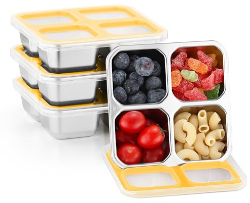 Misichao Stainless Steel Snack Boxes with 4 Compartments 4 Pack Yellow | Reusable Snack Containers Small Bento Lunch Box for Kids Adults Divided Meal Prep Containers for School Work and Travel
