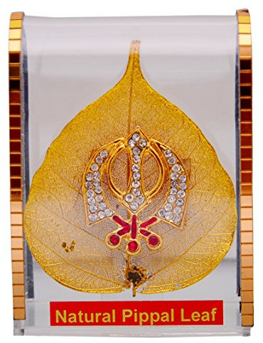 Purpledip Gold Plated Natural Pipal Leaf with Khanda for car dashboard, Good luck gift (10694)