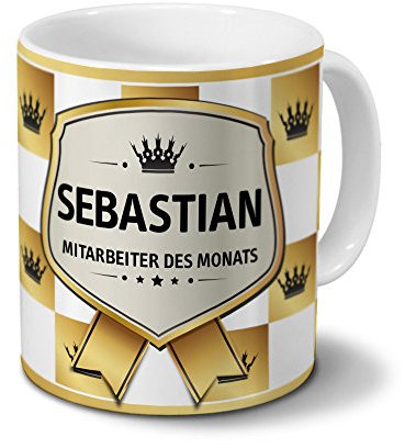 printplanet Tasse mit Namen Sebastian - Motiv Mitarbeiter des Monats - Namenstasse, Kaffeebecher, Mug, Becher, Kaffeetasse - Farbe Weiß