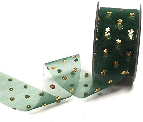 Schleifenband 20m x 40mm Organza grün - gold Punkte Dekoband [3414]