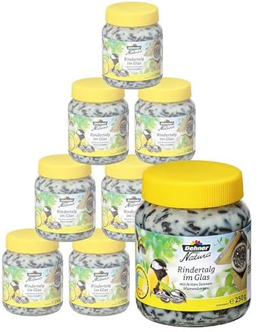 Dehner Natura Premium Wildvogelfutter, Rindertalg im Glas, Sonnenblumenkerne, Ganzjahresfutter energiereich / zuckerfrei, hochwertiges Vogelfutter für Wildvögel, 8 x 250 g (2 kg)