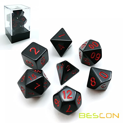 Bescon Polygonal Würfel Set Solide Schwarz mit Roten Zahlen, Spielwürfel D&D Dice Set of 7 Brick Box, RPG - Rollenspiel Polyedrische Dice 7pcs Set