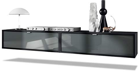 Vladon 2er-Set TV Board Lana 100, Made in Germany, Lowboards je 100 x 29 x 37 cm mit viel Stauraum, Korpus in Schwarz matt, Fronten in Grau Hochglanz | Große Farbauswahl