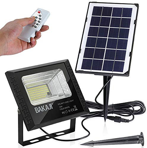 BAKAJI Projecteur LED extérieur 10 W avec panneau solaire, lumière blanche 8000 K, ultra lumineux, 200 lm, lampe phare avec télécommande, fonction minuterie et capteur crépusculaire IP65