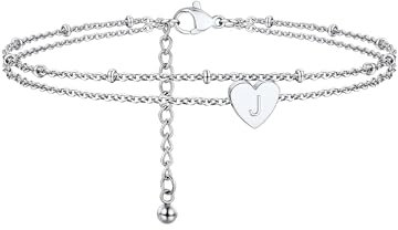 PROSTEEL Bracelet de Cheville Coeur Acier Femme Pendentif Mignon Gravé de Lettre J Double Chaîne 22+5cm Bijou Initiale