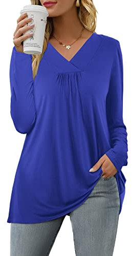 Florboom Women's Casual V Neck T Shirts Long Sleeve Tee Basic Plain Tops Blue Size 12 14