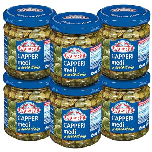Neri Sottoli - Capperi all'Aceto di Vino - Perfetti per Torte Salate e Ricette a base di Carne o Pesce - Sapore Fresco e Versatile - 6 Confezioni da 212g