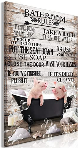 decomonkey Akustikbild Badezimmer 80x120 cm 1 Teilig Leinwand Modern Bilder Wandbilder XXL Schallschlucker Schallschutz Akustikdämmung Wandbild Deko Leise Bathroom Rules Sprüche Schweine Holz