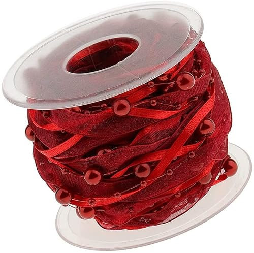 10M Perlenband Chiffon-Band und Organza-Spitze-Band-Dekoband Spitze Zierband für Hochzeits-Blumen- Nähen Handwerk Verpackung (wine red)