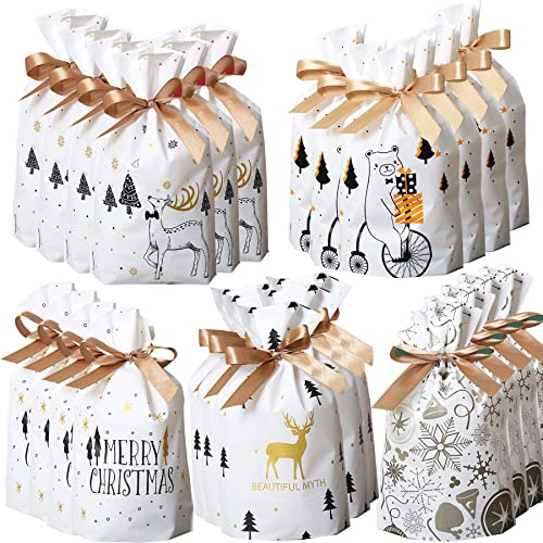 50 Stücke Weihnachten Geschenkbeutel mit Kordelzug,Geschenkverpackung Taschen,Süßigkeiten Taschen,Geschenkbeutel mit Kordelzug,Tüten für Kekse und Schokolade,Tüten für Weihnachten