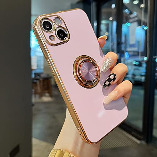 ZTOFERA Compatible with iPhone 14 Case with 360 Degree Rotation Finger Ring Holder, Flexible Silicone Phone Case with Magnetic Metal for Car Mount Gold Edging Shockproof Cover, Purple