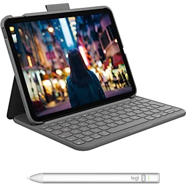 Logitech Slim Folio funda con teclado para iPad (10.a generación) teclado inalámbrico, Logitech Crayon (USB-C) lápiz digital, todos los iPads (versiones de 2018, posteriores), QWERTY ESP - Gris