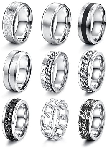 JeweBella 9 Stück Edelstahl Ringe Set für Herren - Silber Poliert Keltischer Knoten Vintage Biker Schwarz Kette Wikinger Gothic - Verlobung Freundschaftsringe für Männer