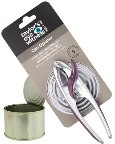 Premium 2-in-1 Manual Can Opener - Taylors Eye Witness, Easy to Use Tin Opener, Kitchen Gadget Made with Built-in Bottle Opener, Sturdy Zinc Aluminum Construction with Silver & Purple Colouring