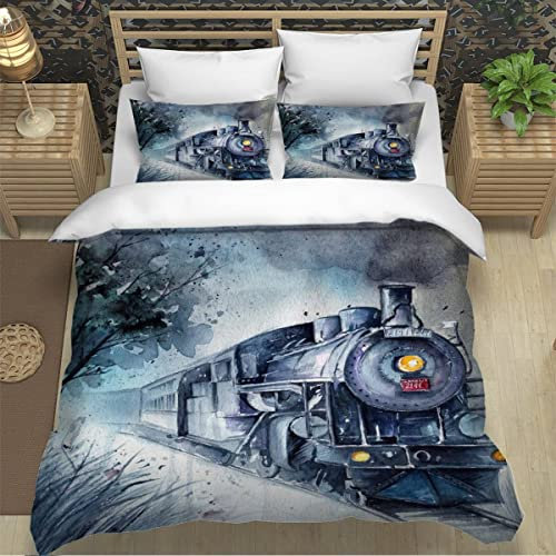 XPINGO Kinder Bettwäsche Zug 135x200 cm 2teilig Jungen und Mädchen 100% Mikrofaser Sommer Weiche Winter Warm Bettbezüge 3D Oldtimer-Zug Bettbezug mit Kissenbezüge 80x80 cm