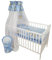 Bello24 - 12 Teiliges Babybett Kinderbett und Bettwäsche komplett Set Happy höhenverstellbar für Neugeborene Babys und Kleinkinder aus Massivholz (Blau - Teddybär auf Leiter)