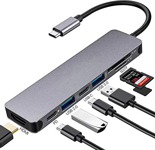 USB C Hub 7 in 1, USB C Multiport Adapter Docking Station mit 4K HDMI,PD 100W,USB 3.0/2.0,SD/TF Kartenleser, USB C Dongle Kompatibel mit MacBook Pro, Laptop & Anderen Typ C Geräten