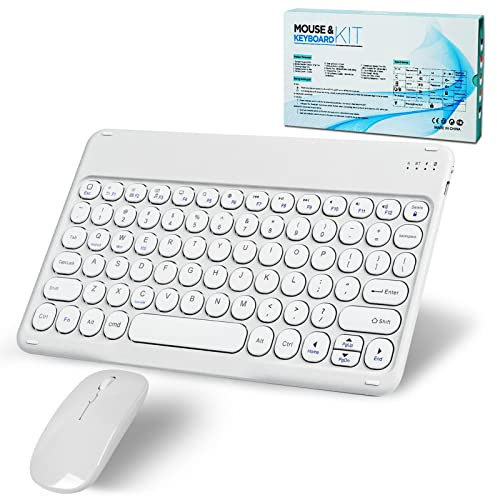 Bluetooth Keyboard and Mouse Set Mini Small Wireless Keyboard Portable Rechargeable Cordless Keyboard and Mouse Combo for iPad Tablet Microsoft Samsung Phone Mac Android Laptop PC Flat, 10in White