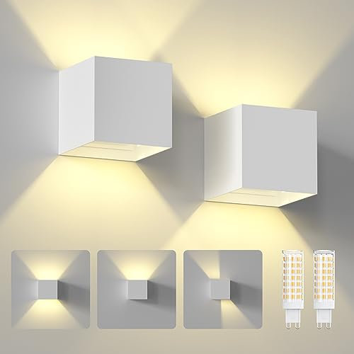 ChangM Wandleuchte Innen Aussen 7W LED Wandlampe mit Einstellung des Blattwinkels, IP65 Wandleuchte Weiße Schale mit Ersetzbaren G9 LED Birne, Warmweiß 3000K, 2 Stücke