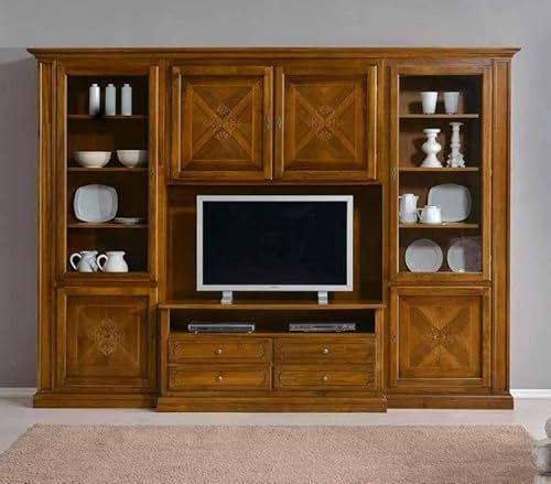 Mar.c.a. Design - Ausstattete Wand mit TV-Tür, Sideboard und Schaufenster, Elegantes Wohnzimmer aus Pappelholz, Farbe Dunkle Walnuss - Wohnzimmerschrank, schlechte Kunst - 322 x 56 x 237 cm