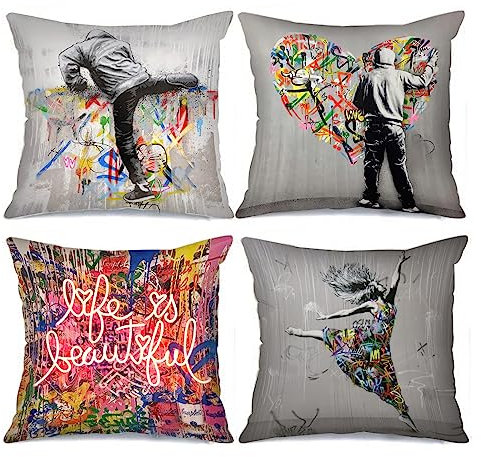 Banksy Graffiti Dancing Girl Picture Cushion Covers Classical Street Art Pillow Covers Decorative 18x18inch Set of 4 Pillow Covers Love Word Paintings Boy Throw Pillow Cases for Sofa Living Room