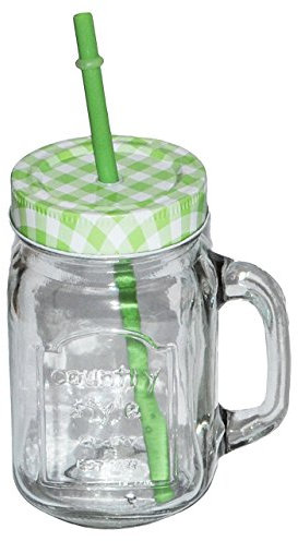 1 Stk Henkelbecher - Glas mit Strohhalm & Deckel - bunte Farben - Trinkbecher als Milchglas Sommerglas - Flasche z.B. Limonade Erfrischung Sommer - Smoo..