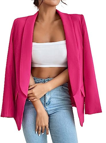 L9WEI Blazer élégant à revers pour femme - Blazer de bureau élégant - Couleur unie - Manches longues - Coupe ajustée - Veste d'automne, Rose chaud, XL