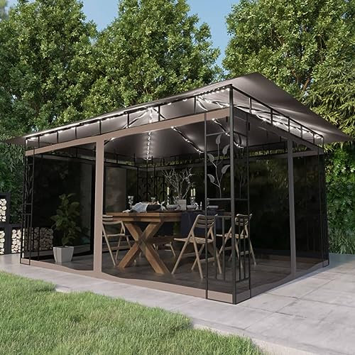 BaraSh Pavillon mit Moskitonetz & LED-Lichterkette Zelt FüR Garten Sonnensegel Pavillon Partyzelt Garten Pavillon 4x3x2,73 m Taupe
