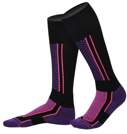 Calze Sportive Touring Ski,Calzini da Sci Donna,Calzini Invernali Calde al Ginocchio,Nero Viola Calze Da Sci Termiche,1Paia Calzini Sportivi Termiche Invernali,Calze Termiche Donna per Tour,Snowboard