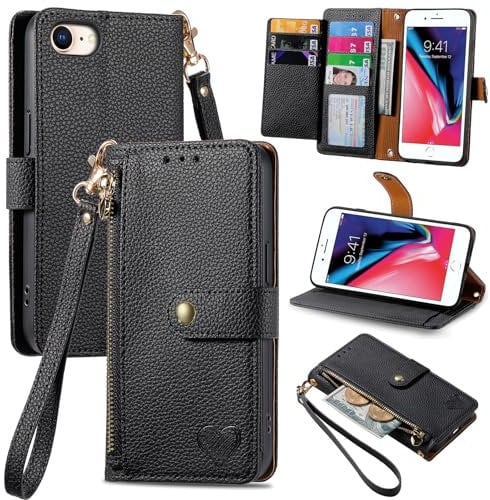 VEEMOS Zipper Wallet Case for Apple iPhone SE 2020 / SE 2022 5G / iPhone 7 / iPhone 8 Phone Case with Purse Card Holders RFID Blocking Leather Flip Case Book Cover Wrist Strap Women - Black