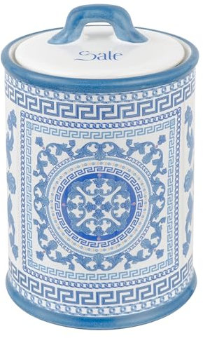 Baroni Home Tarro de sal decorado de cerámica con tapa hermética, accesorio de cocina colorido, resistente, línea mayólica azul, 11 x 11 x 17 cm