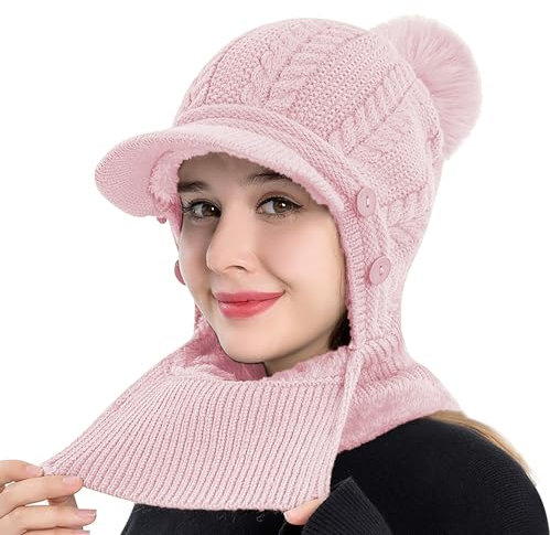 Rayson Bonnet Cagoule Femme Hiver Doublé Polaire avec Pompon Tricoté Chapeau Balaclava Chaud et Chic Casquettes avec Snood Cache Cou Protege Oreilles 3 en 1(Rose, Taille Unique)