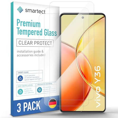 smartect Glass Screen Protector [3 Pieces, Ultra-Clear] for Vivo Y36 4G & 5G, HD Protective Film Anti Scratch, Bubble Free, 9H Hardness, Ultra Resistant