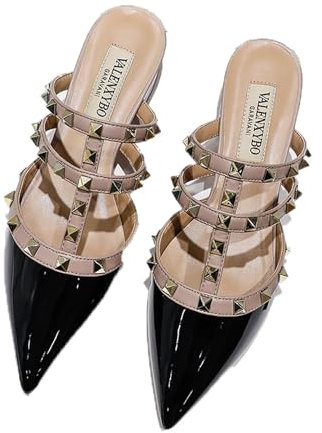 FamMe Damen-Pumps mit spitzer Zehenpartie, Blockabsatz, Nieten, Slingback, klobiger Absatz, Slip-on-Sandalen mit Nieten, Arbeits- und Party-Kleiderschuhe,Schwarz,39