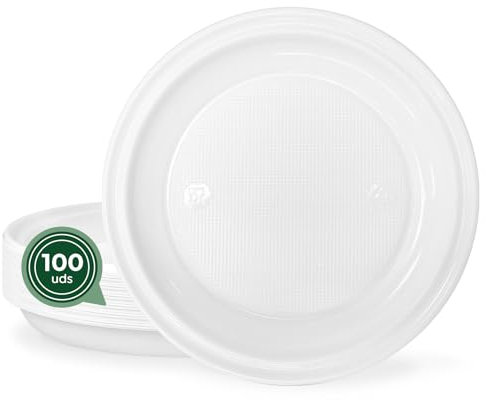MAXI PRODUCTS - 100 Platos Plástico Reutilizables - Platos Vajilla - Ø22 cm - Platos Reciclables - Plato Redondo - Alta Resistencia - Picnic - Celebraciones - APTO COMIDAS CALIENTES Y FRÍAS
