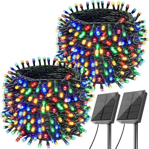 Amzxart Solar Fairy Lights, 2x22M 200 LED Christmas Lights Outdoor, 8 Modes Decoration, IP65 Waterproof for Balcony, Christmas Tree (Color)