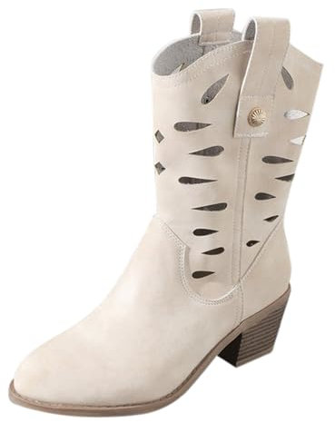 Cowboy, stivaletti estivi da donna, in pelle, con tacco a blocco, con gambo corto, stile vintage, eleganti, a mezza altezza, in pelle, bianco, 40