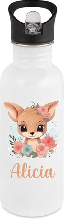 Gourde enfant personnalisée faon fleurs – 650 ml – Bouteille avec paille intégrée – Prénom – Rentrée scolaire fille – Passe au lave-vaisselle – Crèche, école