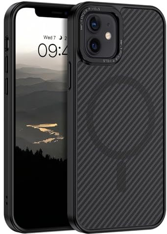 GUAGUA Cover Magnetico per iPhone 12 o 12 Pro, Compatibile con MagSafe, Fibra di Carbonio Custodia Leggera Antiurta TPU Bumper Sottile Antiscivolo Antigraffio Protettivo Anti-ingiallimento Case Nero