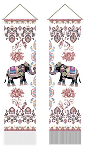 AHANDMAKER 2 Stück Indischer Elefanten Wandteppich. Traditioneller Vertikaler Wandteppich Mit Elefantenmotiv Aus Jaipur Wandteppich Mit Quaste „Viel Glück“ Für Das Wohnzimmer 45.6x13 inch