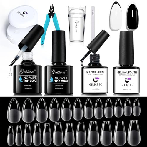 Gelike ec Medium Nagelspitzen mit Nagelkleber Kit: 240pcs Full Cover Almond Coffin Nageltips Set für Anfänger Maniküre enthusiasten - Verwendung im Heimischen Nagelstudio mit 2pcs Nagellack UV-Lampe
